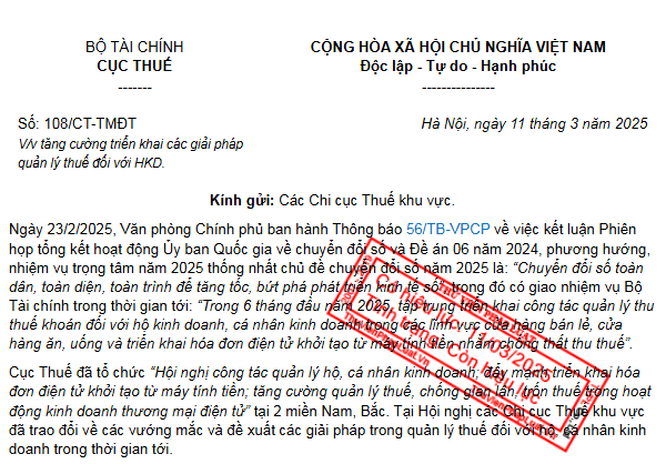 Công văn 108/CT-TMĐT tăng cường triển khai giải pháp quản lý thuế với hộ kinh doanh