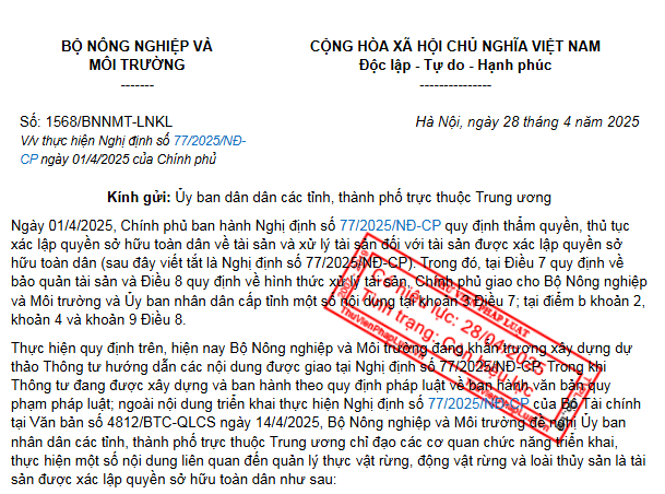 Đã có Công văn 1568 thực hiện Nghị định 77/2025 về quyền sở hữu toàn dân về tài sản