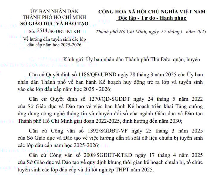 Công văn 2514: Hướng dẫn tuyển sinh các lớp đầu cấp năm học 2025-2026 tại TPHCM