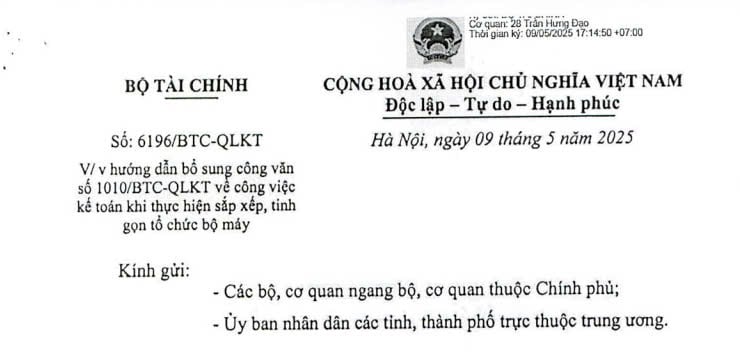 Đã có Công văn 6196/BTC-QLKT hướng dẫn công tác kế toán khi sắp xếp tổ chức bộ máy