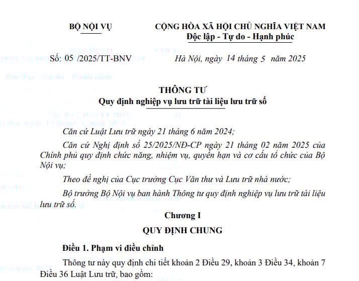 Đã có Thông tư 05/2025/TT-BNV quy định nghiệp vụ lưu trữ tài liệu lưu trữ số từ 01/7/2025