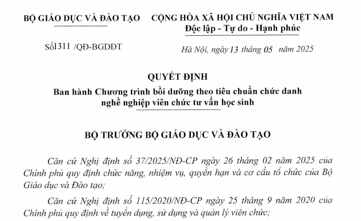 Đã có Quyết định 1311 về Chương trình bồi dưỡng chức danh nghề nghiệp viên chức tư vấn học sinh