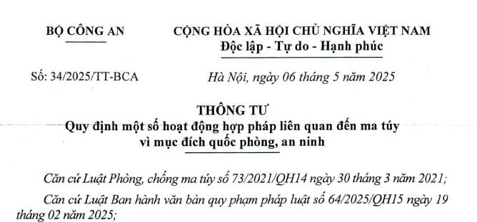 Đã có Thông tư 34/2025/TT-BCA quy định một số hoạt động hợp pháp liên quan đến ma túy