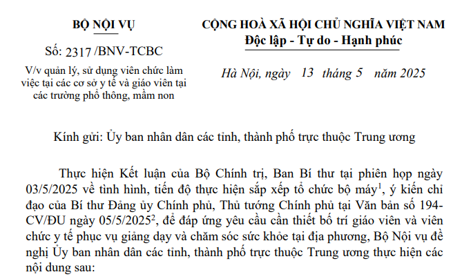 Đã có toàn văn Công văn 2317/BNV-TCBC về quản lý sử dụng viên chức y tế, giáo viên