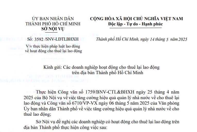 TPHCM: Hướng dẫn thực hiện pháp luật lao động về hoạt động cho thuê lại lao động (Công văn 3592/SNV-LĐTLBHXH)