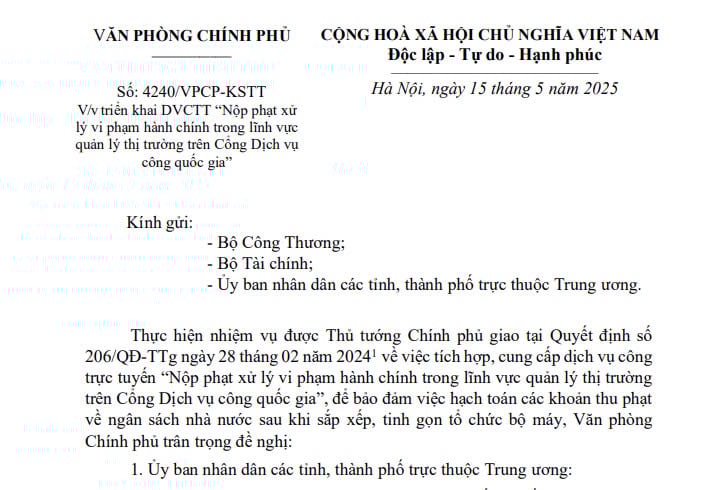 Công văn 4240: Triển khai nộp phạt hành chính trong lĩnh vực quản lý thị trường trên Cổng Dịch vụ công quốc gia