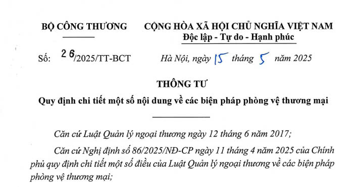 Đã có Thông tư 26/2025/TT-BCT về các biện pháp phòng vệ thương mại