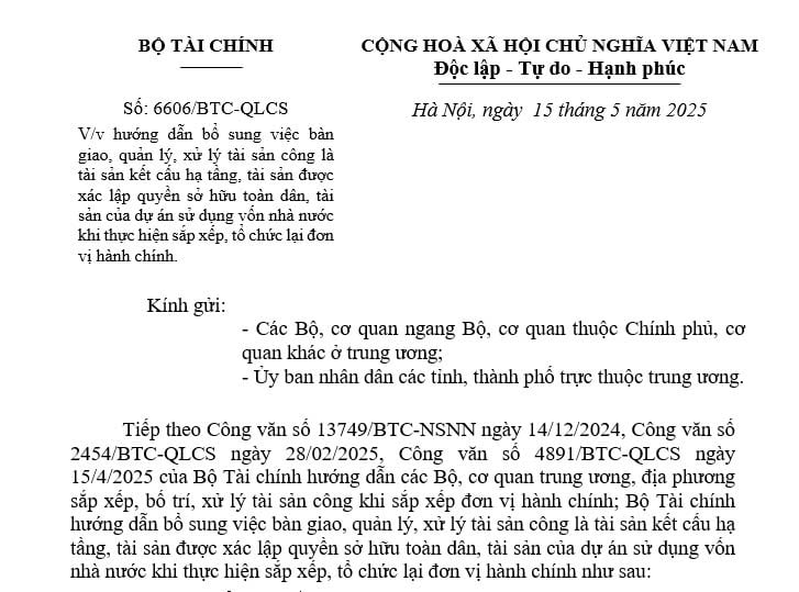 Đã có Công văn 6606/BTC-QLCS hướng dẫn bổ sung bàn giao, xử lý tài sản công khi sắp xếp đơn vị hành chính