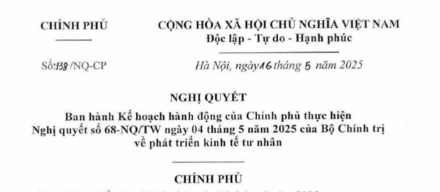 Đã có Nghị quyết 138/NQ-CP về Kế hoạch hành động phát triển kinh tế tư nhân tại Nghị quyết 68-NQ/TW năm 2025