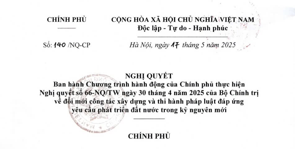 Toàn văn Nghị quyết 140/NQ-CP Chương trình thực hiện Nghị quyết 66 về đổi mới công tác xây dựng pháp luật