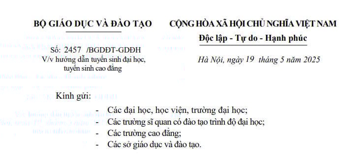Đã có Công văn 2457/BGDĐT-GDĐH hướng dẫn tuyển sinh đại học tuyển sinh cao đẳng năm 2025