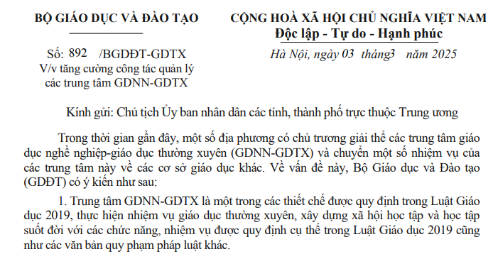 Công văn 892 tăng cường quản lý trung tâm giáo dục nghề nghiệp - giáo dục thường xuyên