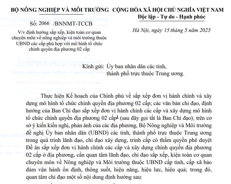 Công văn 2066/BNNMT-TCCB: Định hướng sắp xếp cơ quan về nông nghiệp và môi trường với mô hình chính quyền địa phương 02 cấp