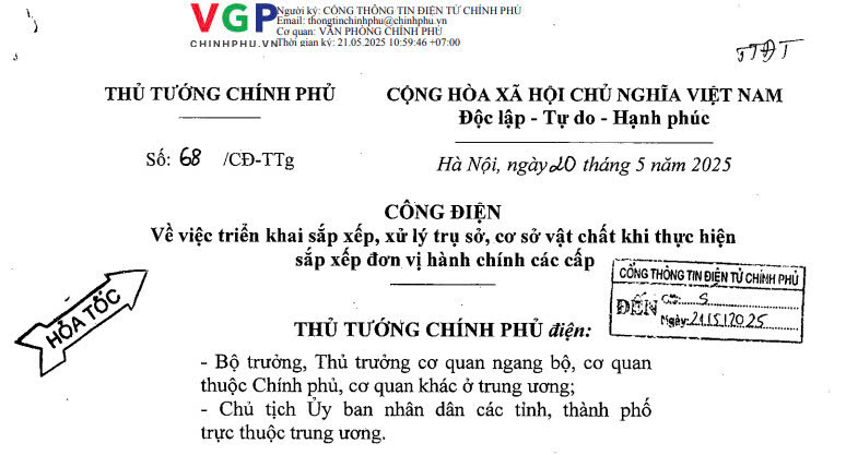 Đã có toàn văn Công điện 68/CĐ-TTg về sắp xếp, xử lý trụ sở, cơ sở vật chất sau sắp xếp đơn vị hành chính