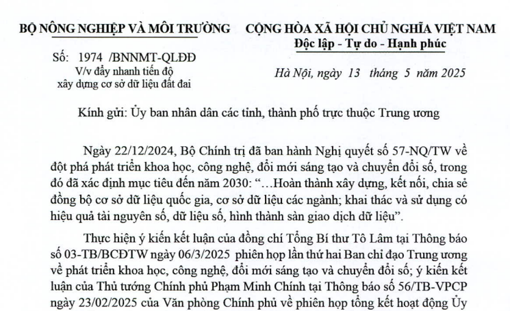 Công văn 1974/BNNMT-QLĐĐ đẩy nhanh tiến độ xây dựng cơ sở dữ liệu đất đai