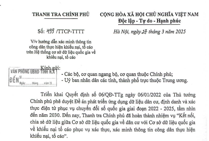 Công văn 499 hướng dẫn xác minh thông tin công dân thực hiện khiếu nại tố cáo
