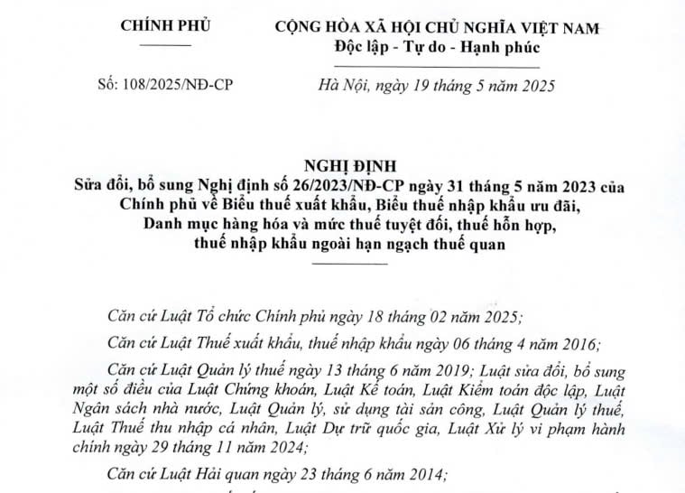 Đã có Nghị định 108/2025 sửa đổi bổ sung Nghị định 26/2023 về Biểu thuế xuất khẩu từ ngày 19/5/2025