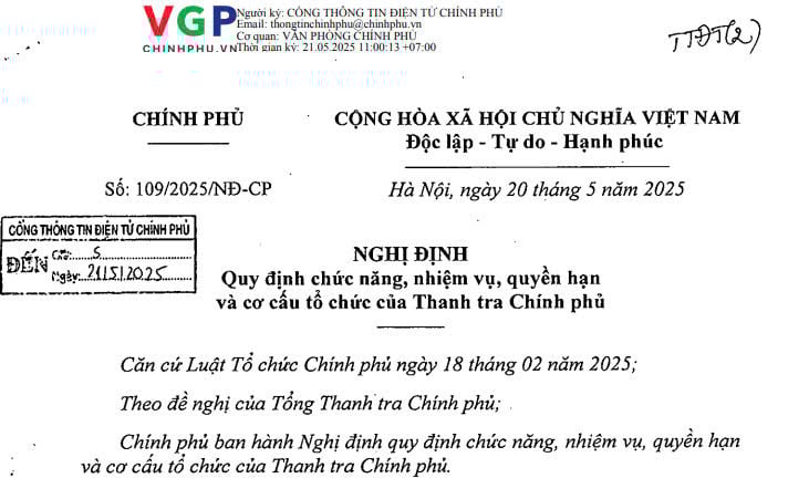 Đã có Nghị định 109/2025/NĐ-CP về nhiệm vụ quyền hạn và cơ cấu tổ chức Thanh tra Chính phủ