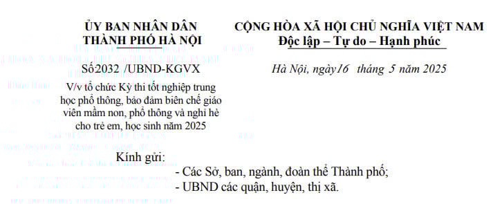 Đã có Quyết định 2032/UBND-KGVX về tổ chức Kỳ thi tốt nghiệp THPT và biên chế giáo viên 2025 tại Hà Nội