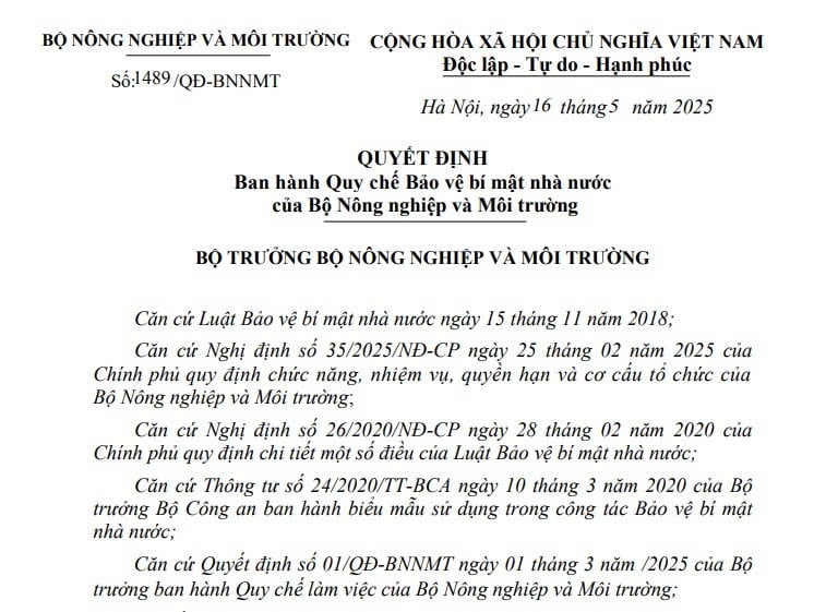 Quy chế Bảo vệ bí mật nhà nước của Bộ Nông nghiệp và Môi trường từ 16/5/2025 (Quyết định 1489/QĐ-BNNMT)