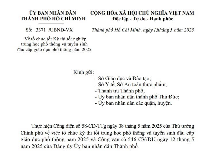 Công văn 3371: UBND TPHCM chỉ đạo tổ chức Kỳ thi tốt nghiệp THPT năm 2025 