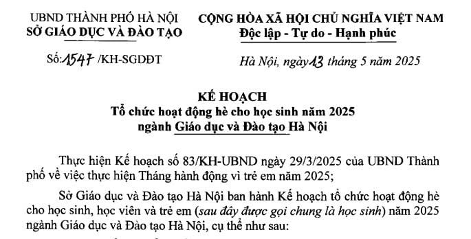 Kế hoạch 1547/KH-SGDĐT về tổ chức giáo dục cho học sinh trong dịp hè năm 2025 tại Hà Nội