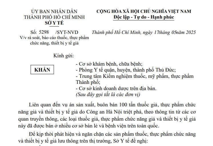 Công văn 5298: Rà soát, báo cáo thuốc, thực phẩm chức năng và thiết bị y tế giả tại TPHCM