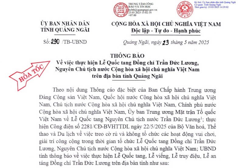 Thông báo UBND Quảng Ngãi về thực hiện Lễ Quốc tang nguyên Chủ tịch nước Trần Đức Lương tại Quảng Ngãi