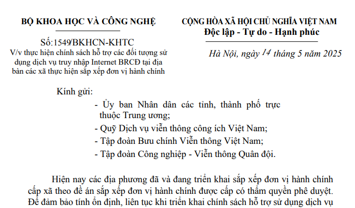 Công văn 1549 về chính sách hỗ trợ truy nhập dịch vụ Internet băng rộng cố định tại các xã sáp nhập