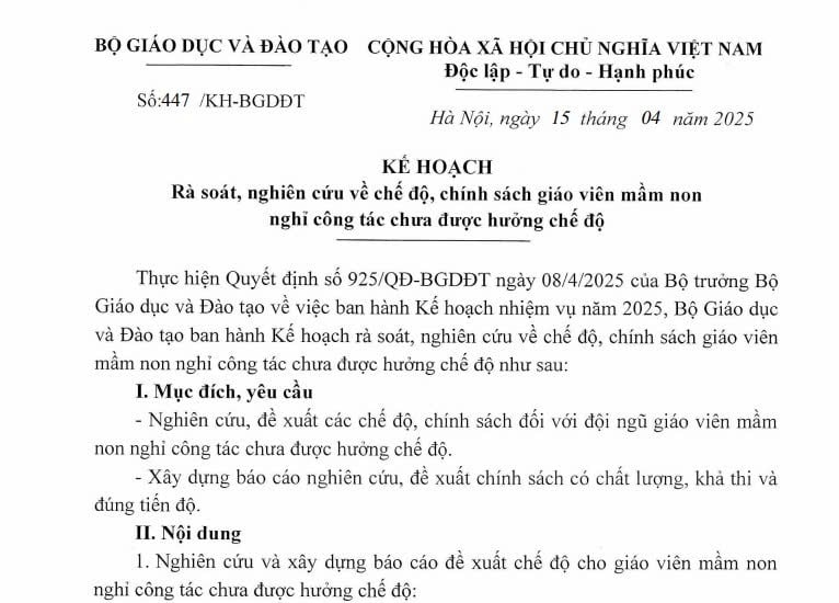Kế hoạch 447/KH-BGDĐT: Rà soát, nghiên cứu chính sách giáo viên mầm non nghỉ công tác chưa được hưởng chế độ