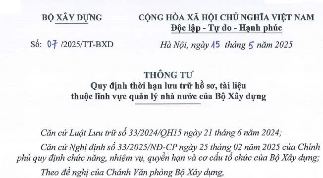 Đã có Thông tư 07/2025/TT-BXD quy định thời hạn lưu trữ hồ sơ tài liệu nhà nước của Bộ Xây dựng