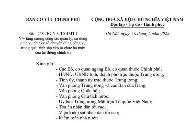 Công văn 275/BCY-CTSBMTT: Tăng cường quản lý, sử dụng dịch vụ chữ ký số chuyên dùng công vụ khi sắp xếp tổ chức bộ máy