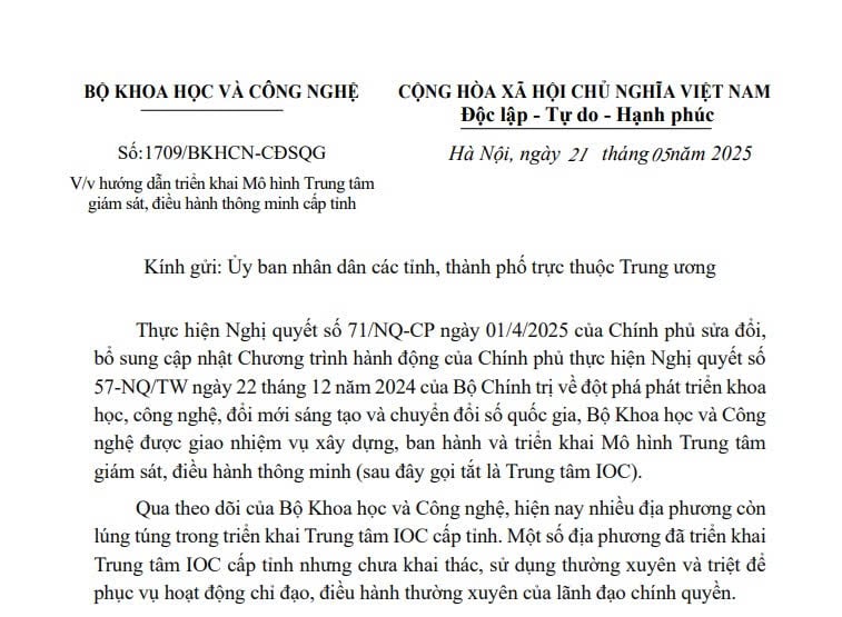 Công văn 1709/BKHCN-CĐSQG: Hướng dẫn triển khai Mô hình Trung tâm giám sát, điều hành thông minh cấp tỉnh