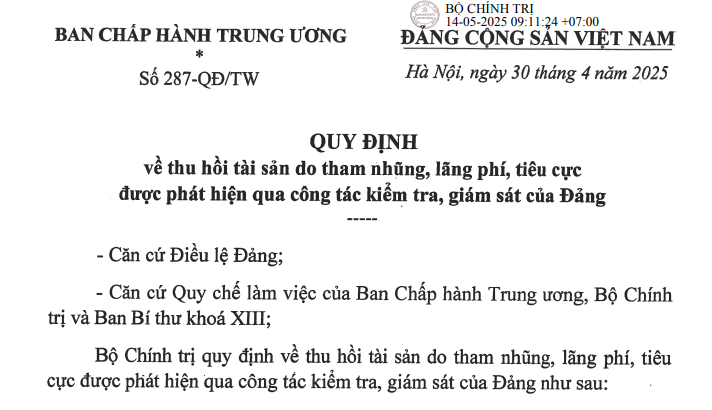 Đã có Quy định 287-QĐ/TW về thu hồi tài sản do tham nhũng tiêu cực