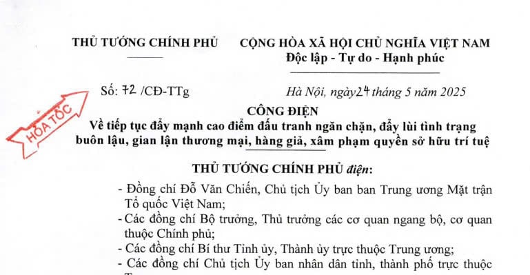 Công điện 72/CĐ-TTg tiếp tục đấu tranh ngăn chặn buôn lậu, gian lận thương mại, hàng giả