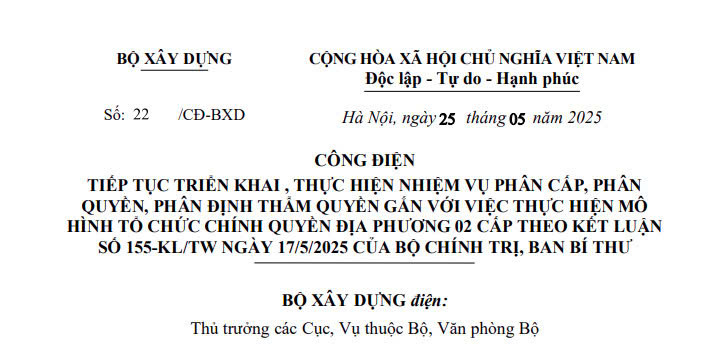 Hướng dẫn triển khai Kết luận 155-KL/TW về phân định thẩm quyền chính quyền địa phương của BXD