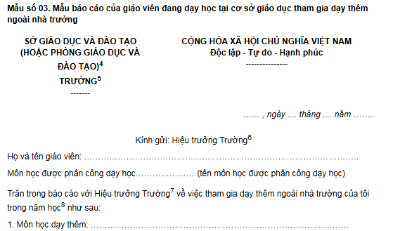 Mẫu báo cáo của giáo viên dạy thêm hè ngoài nhà trường mới nhất