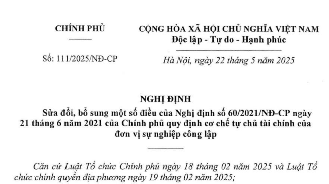 Đã có Nghị định 111/2025 sửa Nghị định 60 về cơ chế tự chủ tài chính của đơn vị sự nghiệp công lập