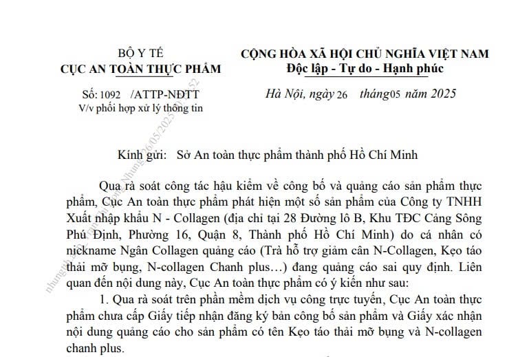 Cục ATTP đề nghị khẩn trương kiểm tra, xác minh sản phẩm do Ngân Collagen quảng cáo