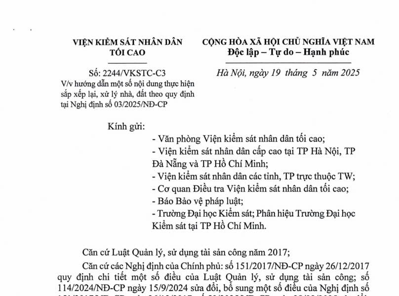 Công văn 2244: Hướng dẫn sắp xếp lại, xử lý nhà đất theo Nghị định 03/2025 của VKSND tối cao