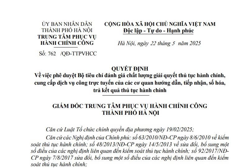 Hà Nội: Bộ tiêu chí đánh giá chất lượng giải quyết thủ tục hành chính, cung cấp dịch vụ công trực tuyến
