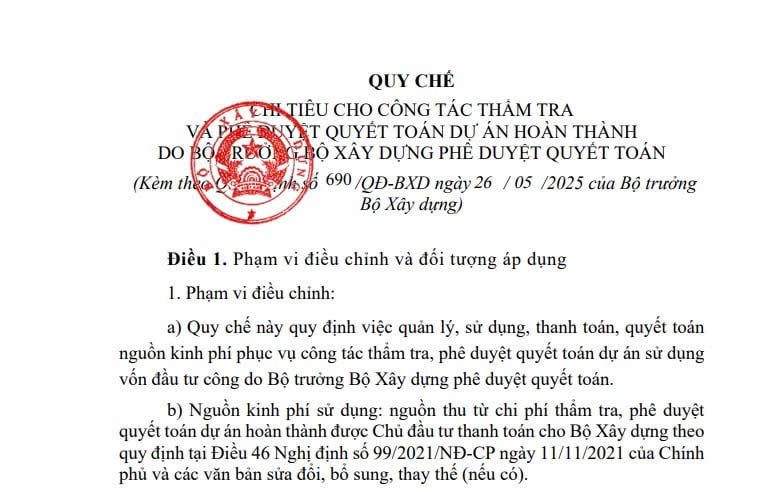 Bộ Xây dựng: Quy chế chi tiêu cho công tác thẩm tra và phê duyệt quyết toán dự án hoàn thành mới nhất