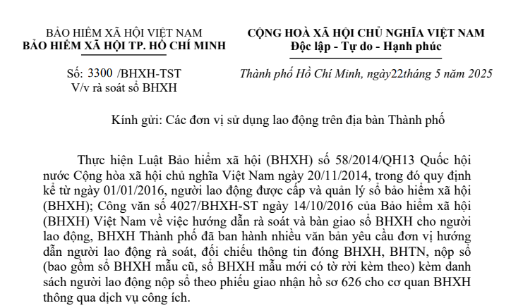 Công văn 3300/BHXH-TST về rà soát sổ bảo hiểm xã hội trên địa bàn TPHCM