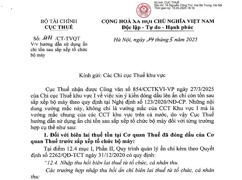 Công văn 1171/CT-TVQT: Hướng dẫn sử dụng ấn chỉ tồn sau sắp xếp tổ chức bộ máy