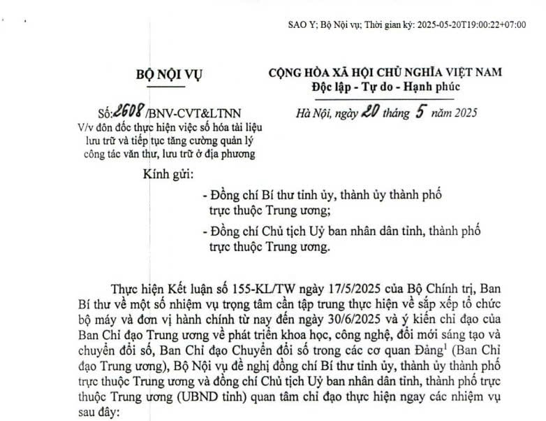 Công văn 2608/BNV-CVT&LTNN: Đôn đốc số hoá tài liệu lưu trữ và quản lý công tác văn thư, lưu trữ ở địa phương 