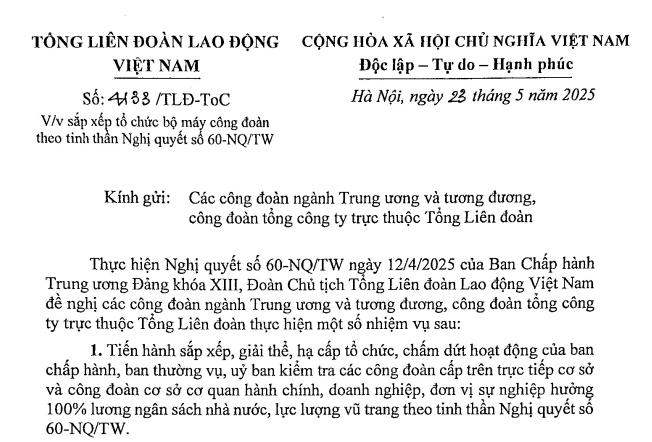 Đã có Công văn 4133/TLĐ-ToC về sắp xếp tổ chức bộ máy công đoàn theo Nghị quyết 60