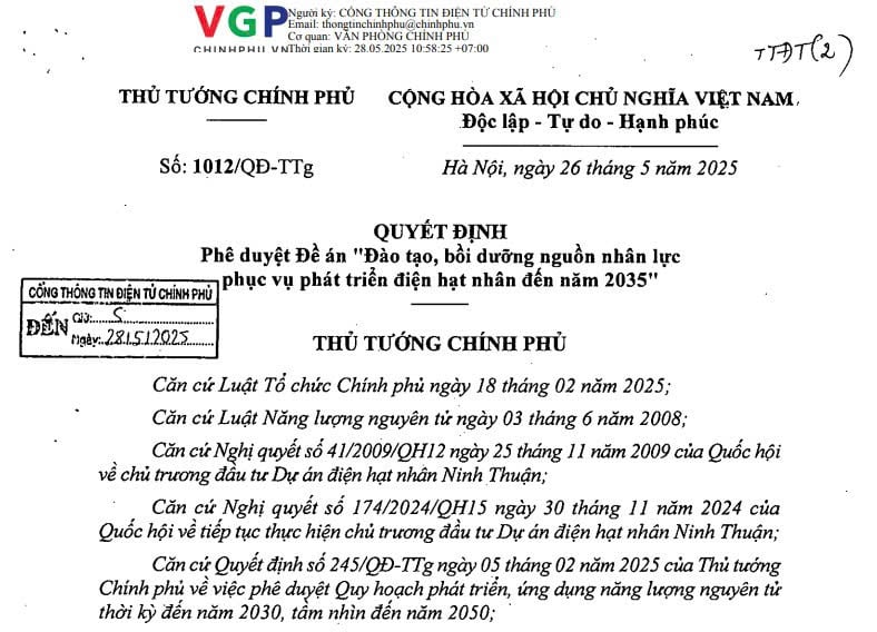 Quyết định 1012/QĐ-TTg: Đề án đào tạo, bồi dưỡng nguồn nhân lực phục vụ phát triển điện hạt nhân đến năm 2035