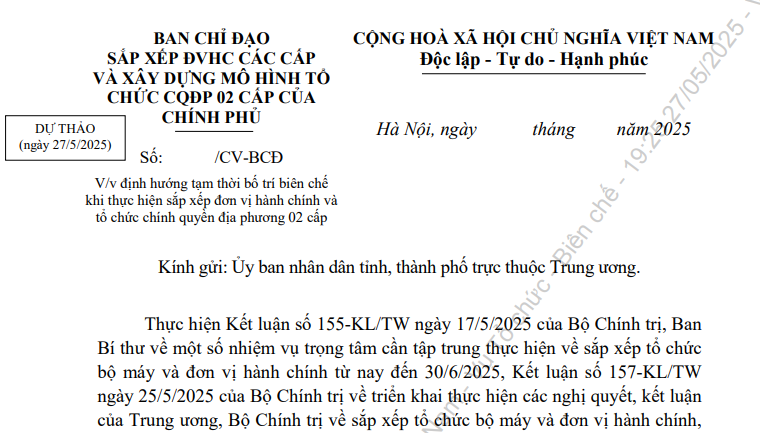 Đã có dự thảo Công văn định hướng tạm thời bố trí biên chế khi sáp nhập tỉnh thành