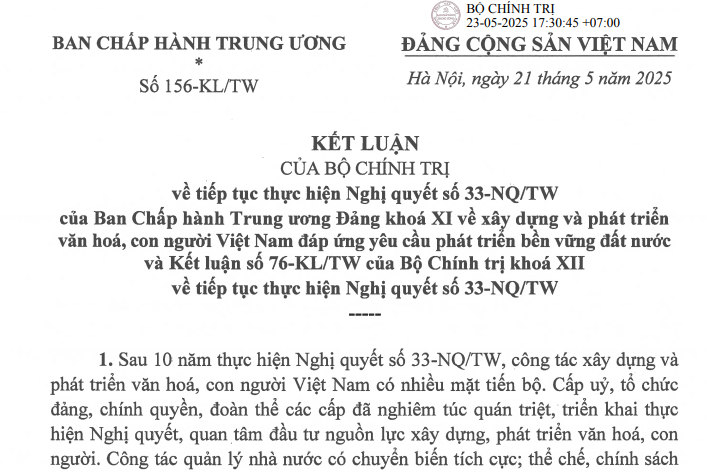 Đã có Kết luận 156-KL/TW thực hiện Nghị quyết 33 về xây dựng phát triển văn hóa, con người Việt Nam