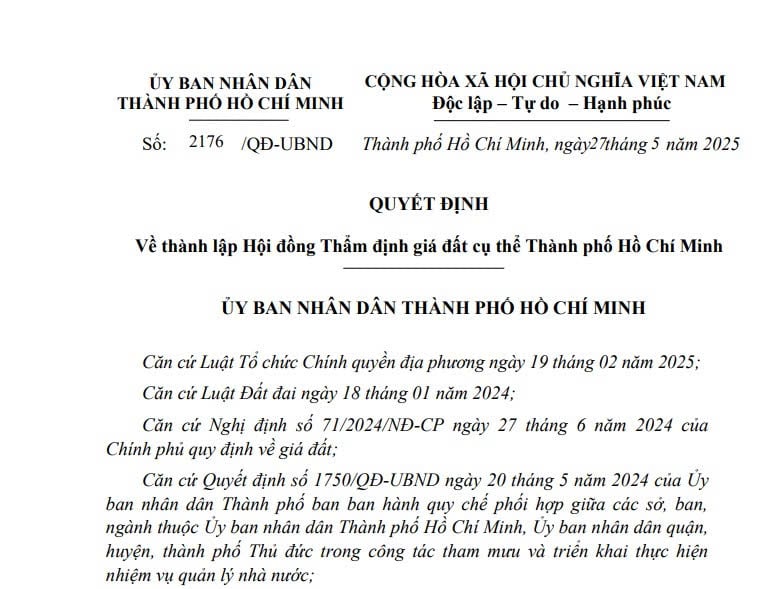 Quyết định 2176: TPHCM thành lập Hội đồng Thẩm định giá đất cụ thể 